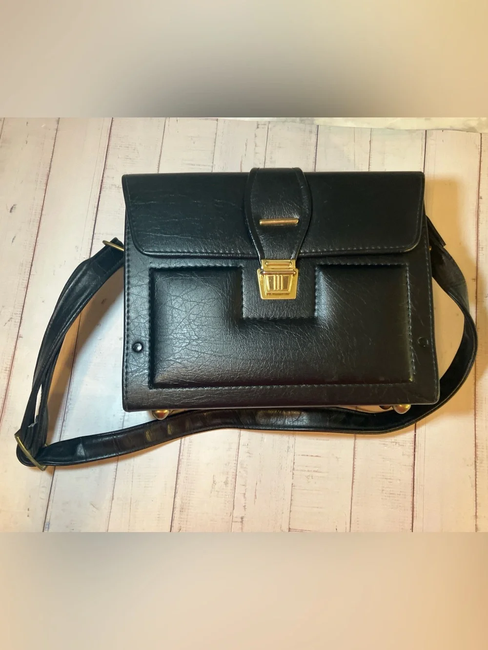 Vintage Amiet Camera Bag Faux Leather Crossbody Case Black Blue Interior